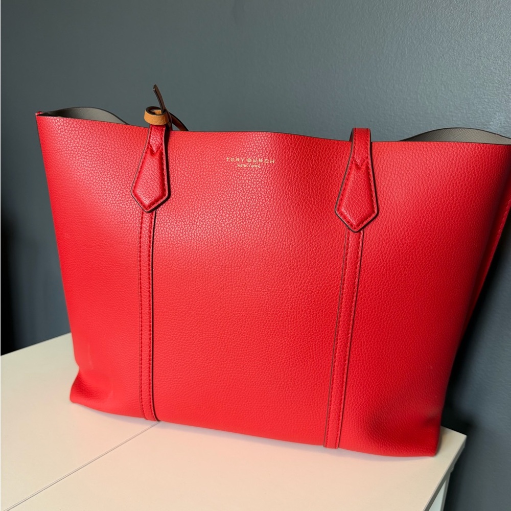 Tory Burch Bright Red Pebbled Leather Tote